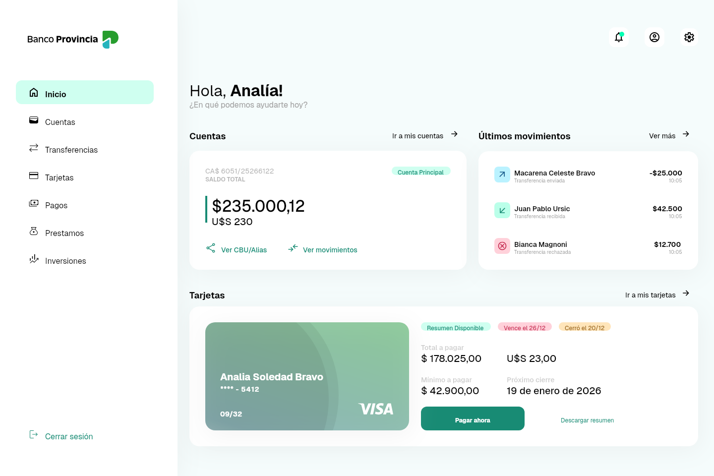 Redesigned Banco Provincia online banking dashboard