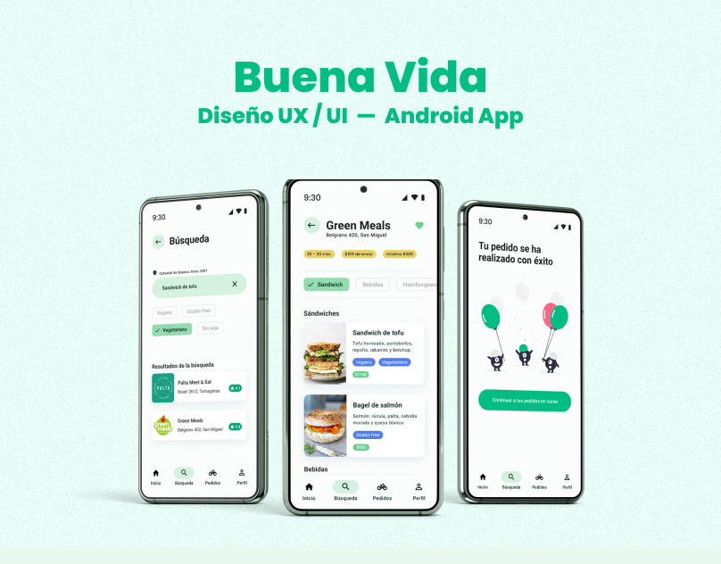 Buena Vida Android app screens for food discovery and dietary filters