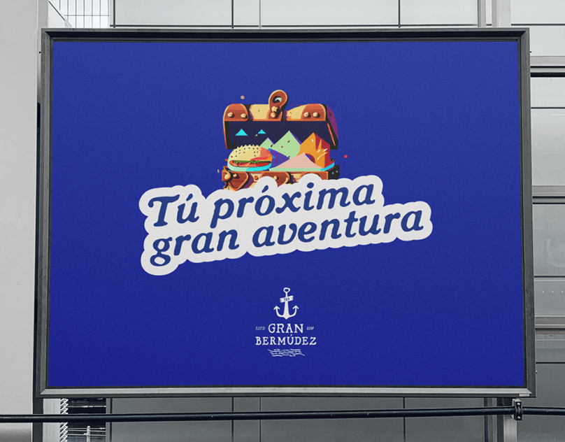 Gran Bermudez burger restaurant campaign artwork on an outdoor sign